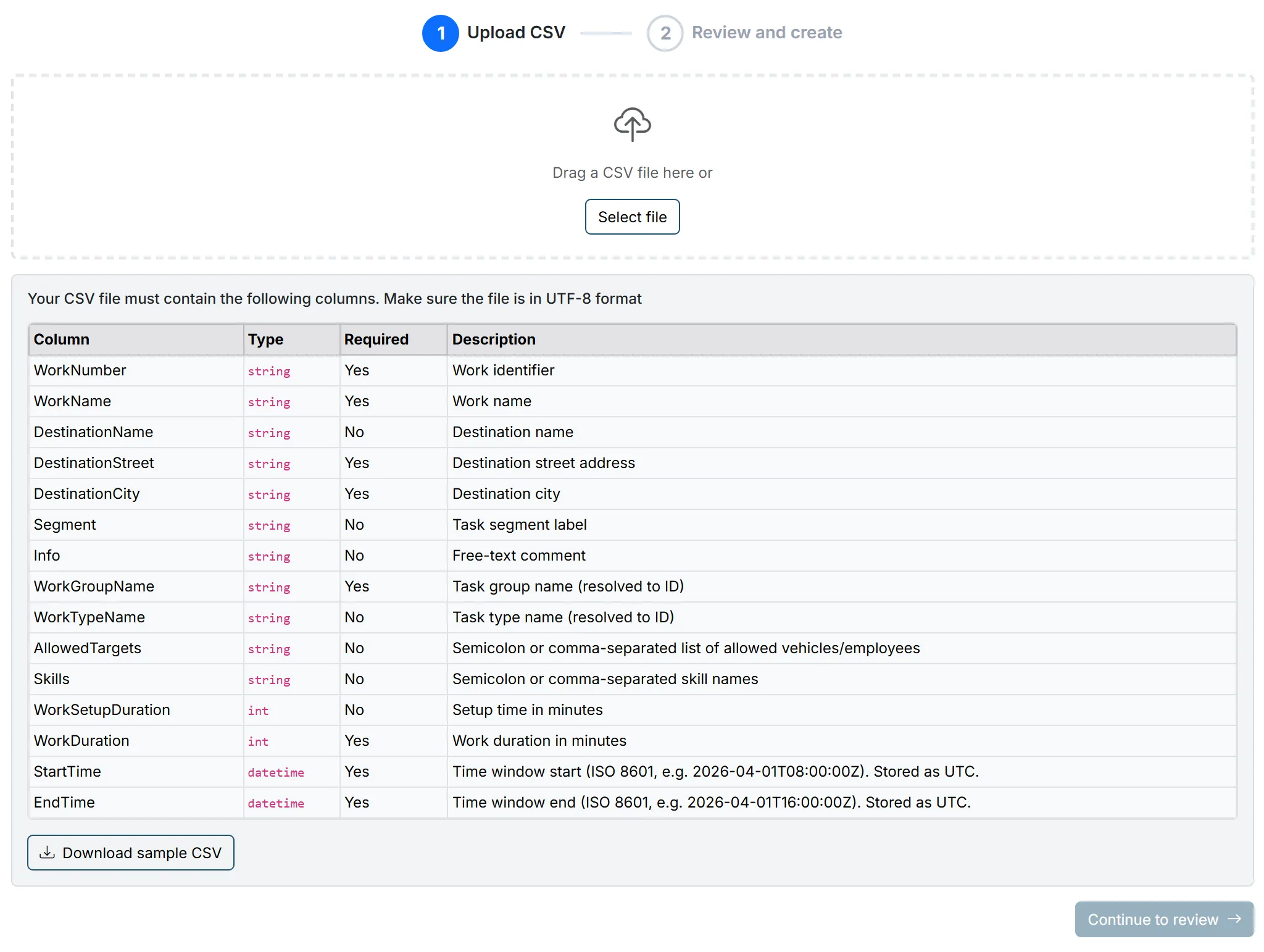 The Upload CSV step of the task import wizard