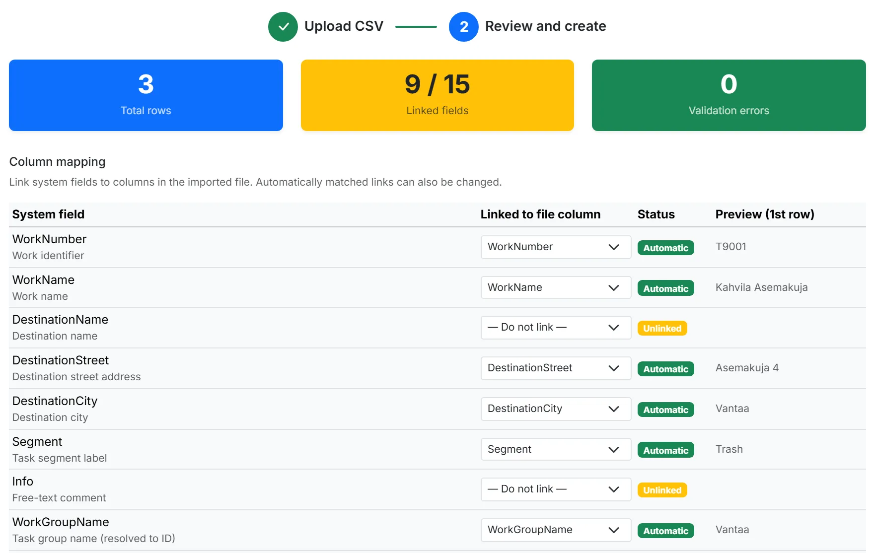 The Review and create step, showing the counts and the column mapping table