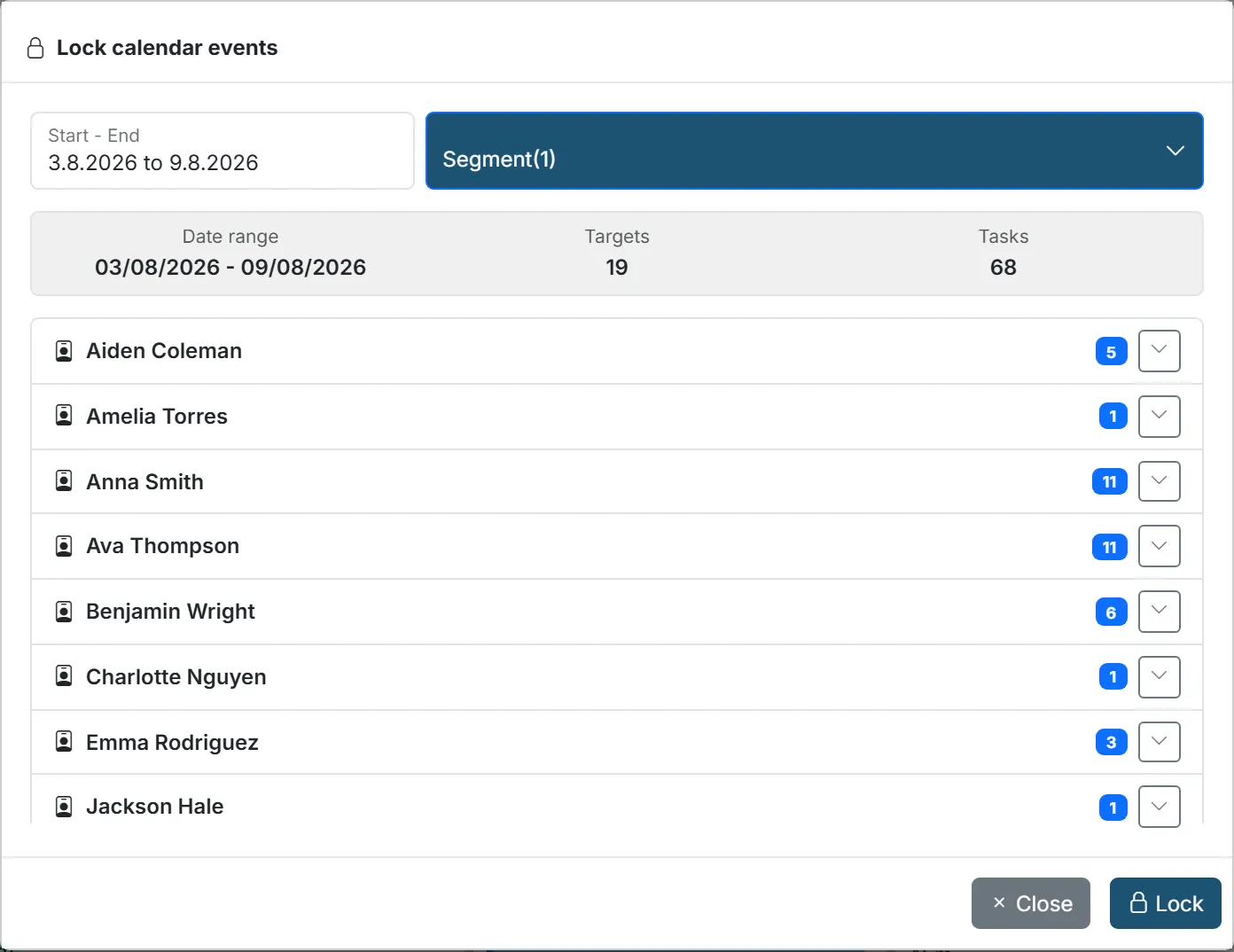 The Lock calendar events dialog